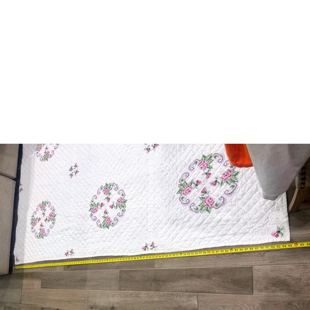 Vintage Handmade Cross Stitch Floral Quilt Cottagecore Pink Roses Full Queen